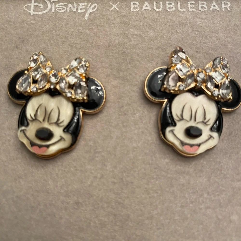 Disney X BaubleBar Minnie Mouse Earrings Crystal White/Clear Bow Tongue & Smile - Picture 2 of 3